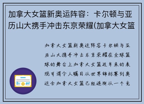 加拿大女篮新奥运阵容：卡尔顿与亚历山大携手冲击东京荣耀(加拿大女篮wnba)